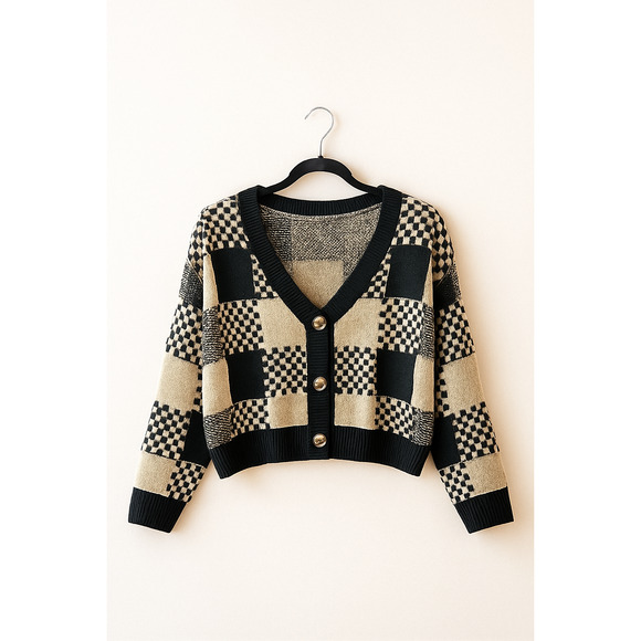 XXL Cropped Checkered Cardigan Y2K Revival Oversized Retro Aesthetic Cozy NWT - Picture 3 of 11